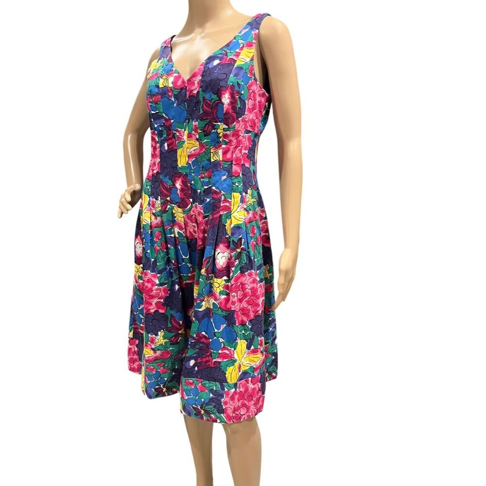JONES NEW YORK Pleated V-Neck Bright Multicolor Floral Sleeveless Summer Dress 8 - Picture 3 of 8
